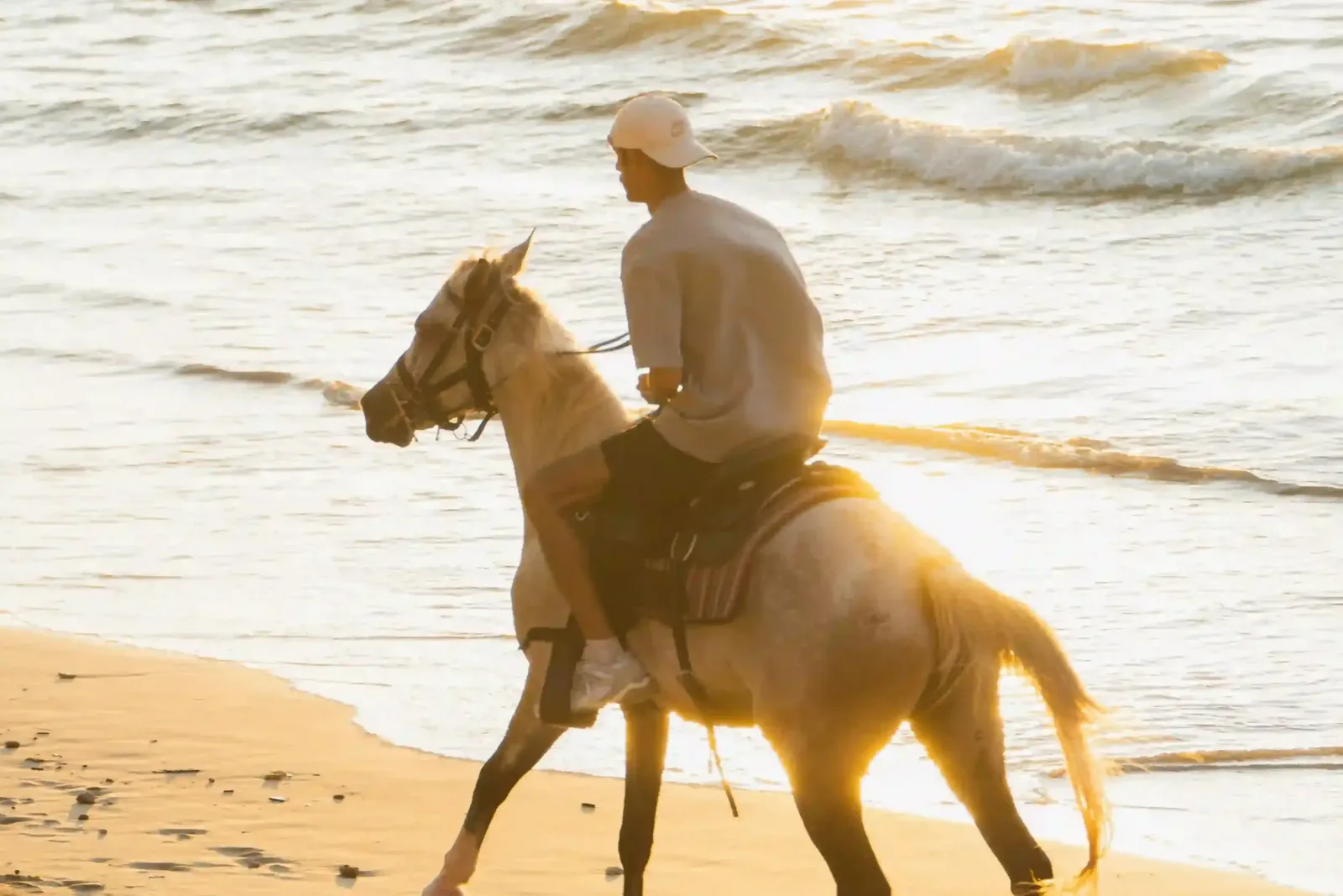 Rider on horseback along a Pacific beach at sunset, Nicaragua