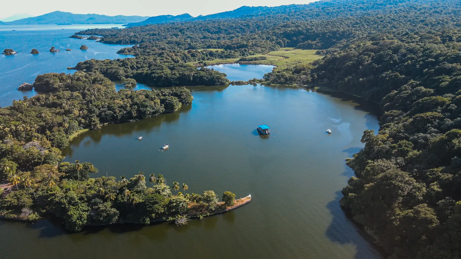 Aerial view of forested islets and channels in the Isletas de Granada, Lake Nicaragua