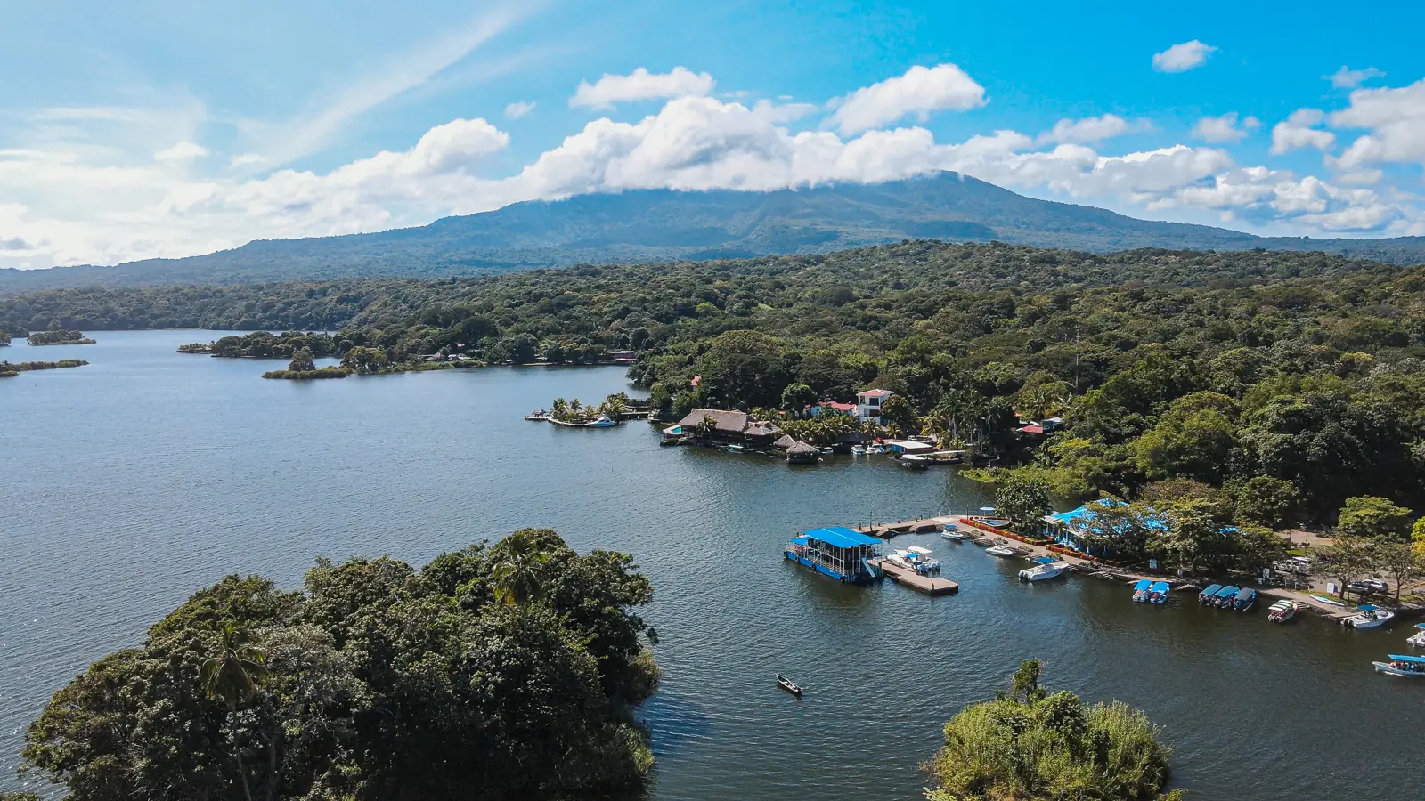 Aerial view of the Isletas de Granada in Lake Nicaragua with Mombacho Volcano behind